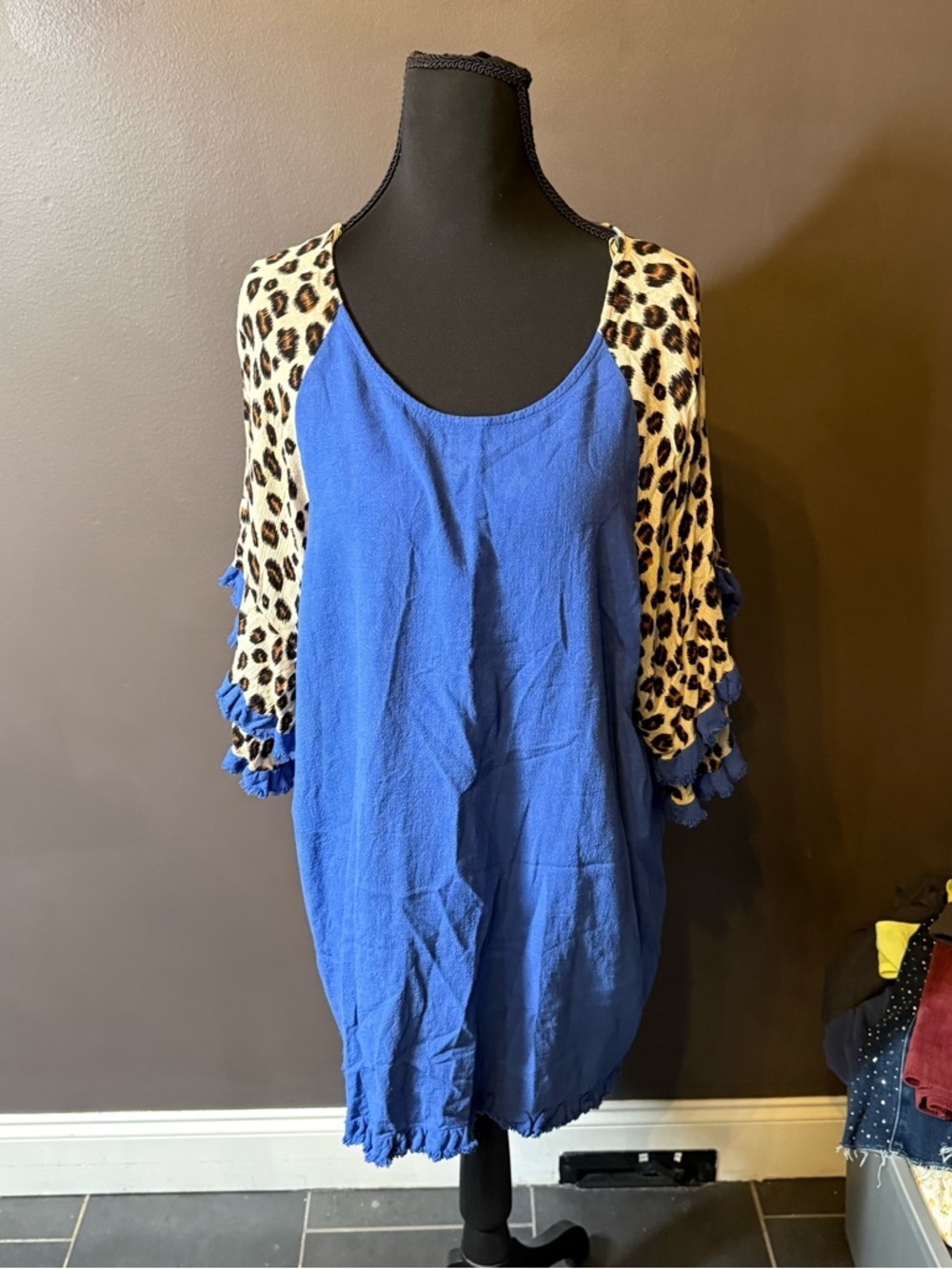 Umgee Royal Blue Scoop Neck Tunic with Leopard Print Sleeves